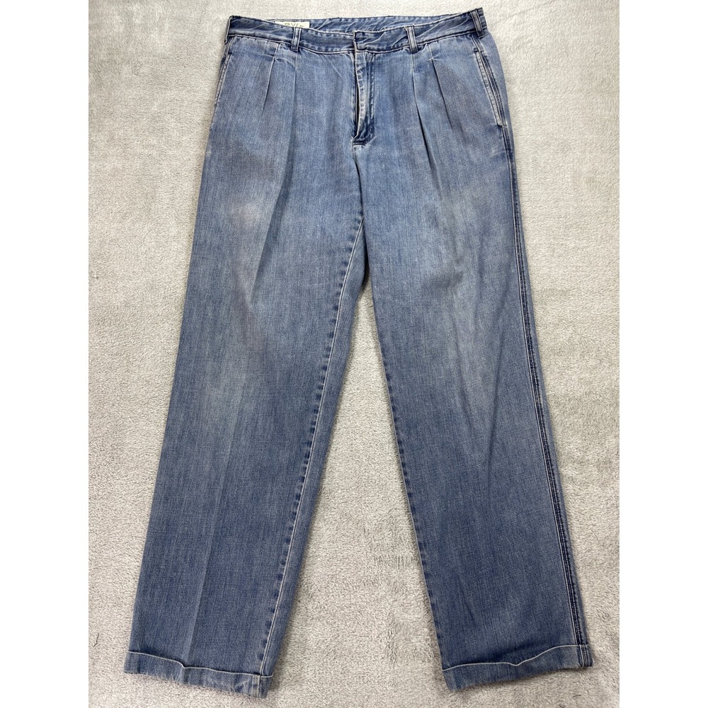 Vintage Orvis Denim Pants Men 38 Blue Pleated Front Cuffed Hem Jeans